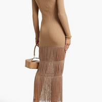 リブ編みニット フリンジマキシワンピース