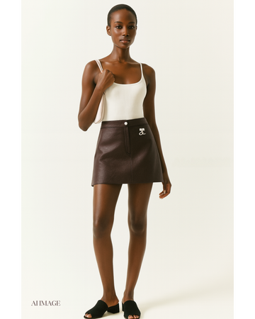 新品-vinyl mini skirt-brown