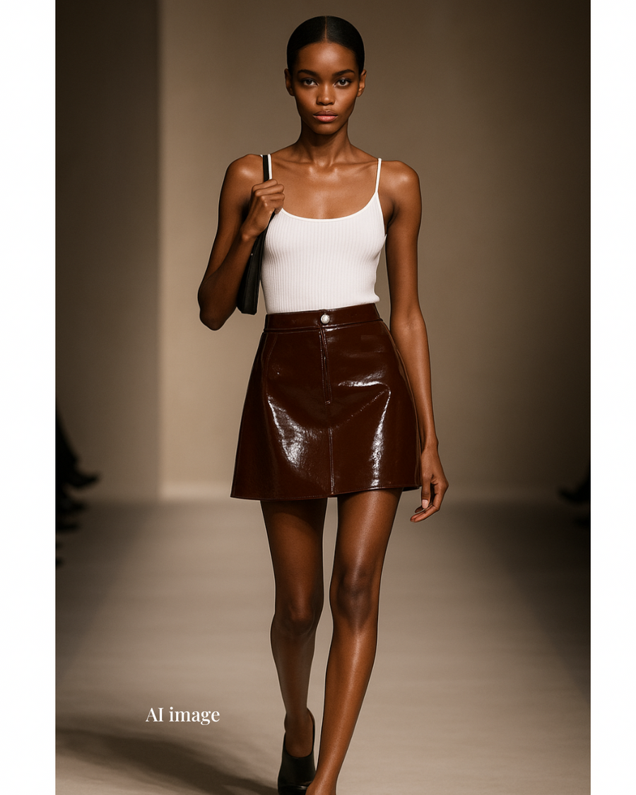 新品-vinyl mini skirt-brown