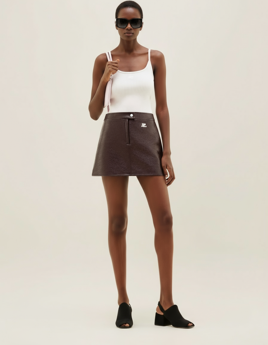 新品-vinyl mini skirt-brown